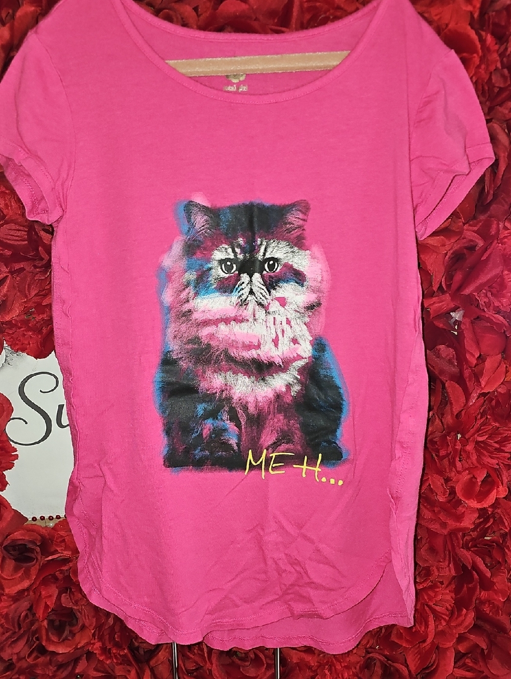 total girl Girls Hot Pink Cat Graphic Tee with 'MEH...' Text Size 10/12